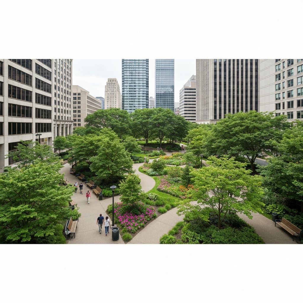 Urban park surrounded by city buildings