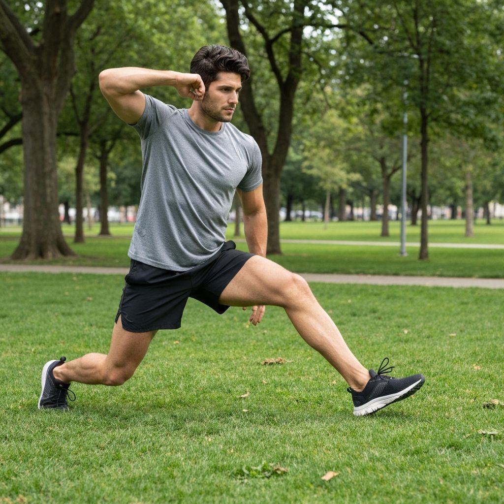 Man doing stretching exercises in urban park
