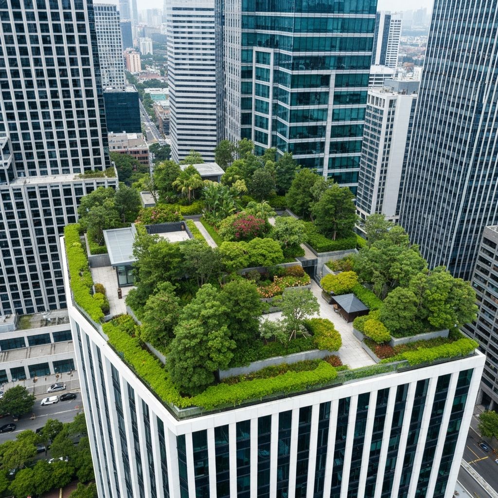 Green rooftop garden on city building